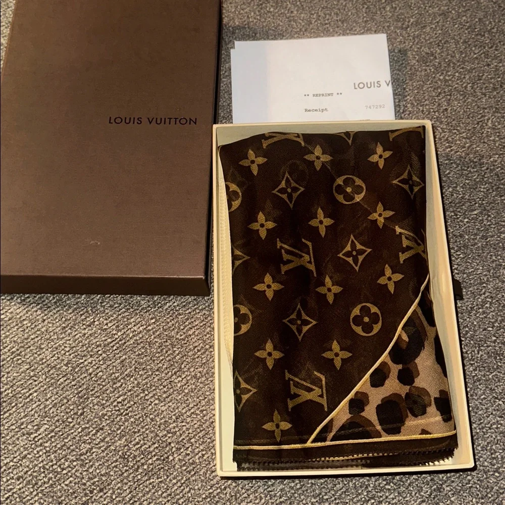 Louis Vuitton Brown & Tan Monogram Leopard Silk Scarf Wrap - Picture 7 of 8